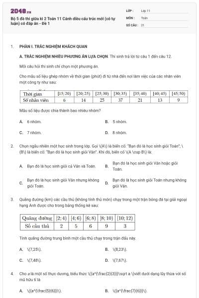 Bộ 5 đề thi giữa kì 2 Toán 11 Cánh diều cấu trúc mới (có tự luận) có đáp án - Đề 1