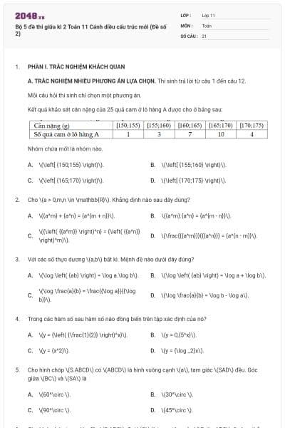 Bộ 5 đề thi giữa kì 2 Toán 11 Cánh diều cấu trúc mới (Đề số 2)