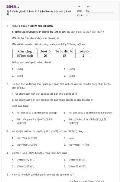 Bộ 5 đề thi giữa kì 2 Toán 11 Cánh diều cấu trúc mới (Đề số 4)