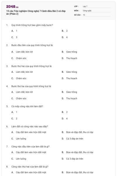 15 câu Trắc nghiệm Công nghệ 7 Cánh diều Bài 2 có đáp án (Phần 2)