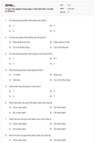 15 câu Trắc nghiệm Công nghệ 7 Cánh diều Bài 3 có đáp án (Phần 2)