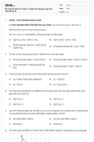 Bộ 5 đề thi giữa kì 2 Toán 11 Chân trời sáng tạo cấu trúc mới (Đề số 2)