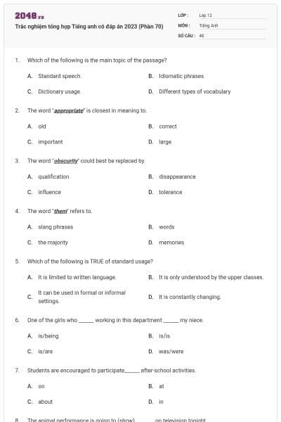 Trắc nghiệm tổng hợp Tiếng anh có đáp án 2023 (Phần 70)
