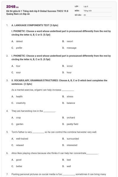 Đề thi giữa kì 1 Tiếng Anh lớp 8 Global Success THCS 19.8 Quảng Nam có đáp án