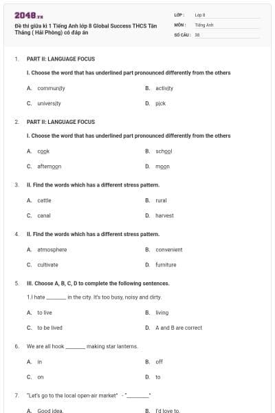 Đề thi giữa kì 1 Tiếng Anh lớp 8 Global Success THCS Tân Thắng ( Hải Phòng) có đáp án