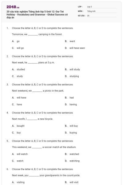 20 câu trắc nghiệm Tiếng Anh lớp 5 Unit 12: Our Tet Holiday - Vocabulary and Grammar - Global Success có đáp án
