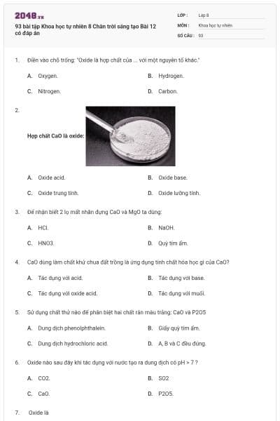 93 bài tập Khoa học tự nhiên 8 Chân trời sáng tạo Bài 12 có đáp án