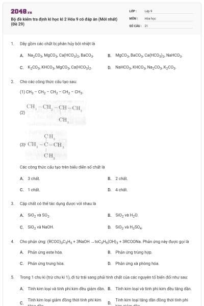 Bộ đề kiểm tra định kì học kì 2 Hóa 9 có đáp án (Mới nhất) (Đề 29)