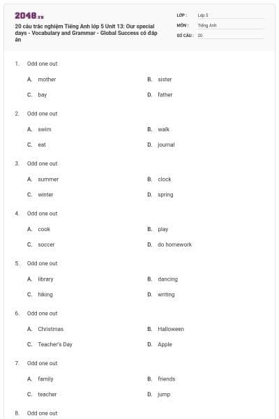 20 câu trắc nghiệm Tiếng Anh lớp 5 Unit 13: Our special days - Vocabulary and Grammar - Global Success có đáp án