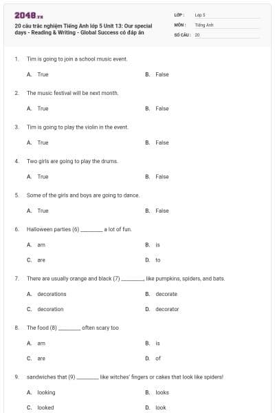 20 câu trắc nghiệm Tiếng Anh lớp 5 Unit 13: Our special days - Reading & Writing - Global Success có đáp án