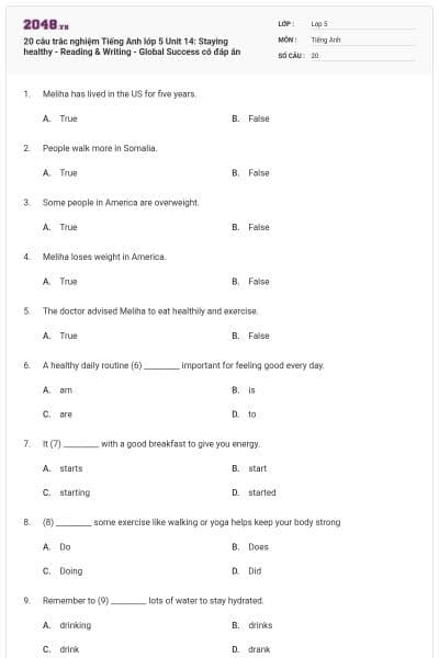 20 câu trắc nghiệm Tiếng Anh lớp 5 Unit 14: Staying healthy - Reading & Writing - Global Success có đáp án
