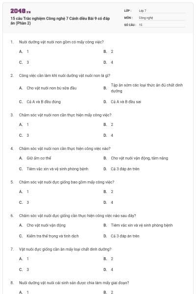 15 câu Trắc nghiệm Công nghệ 7 Cánh diều Bài 9 có đáp án (Phần 2)