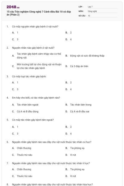 15 câu Trắc nghiệm Công nghệ 7 Cánh diều Bài 10 có đáp án (Phần 2)