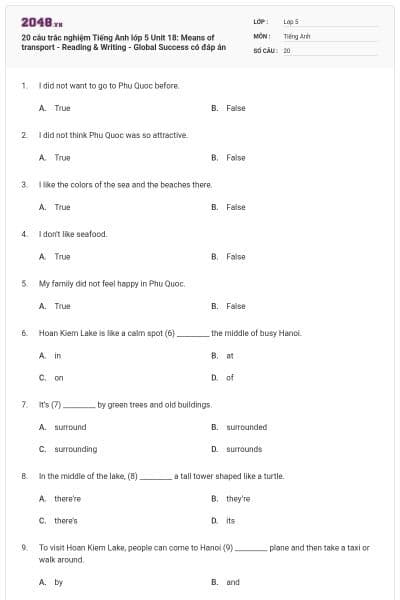 20 câu trắc nghiệm Tiếng Anh lớp 5 Unit 18: Means of transport - Reading & Writing - Global Success có đáp án