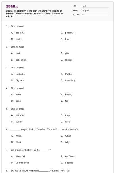 20 câu trắc nghiệm Tiếng Anh lớp 5 Unit 19: Places of interest - Vocabulary and Grammar - Global Success có đáp án