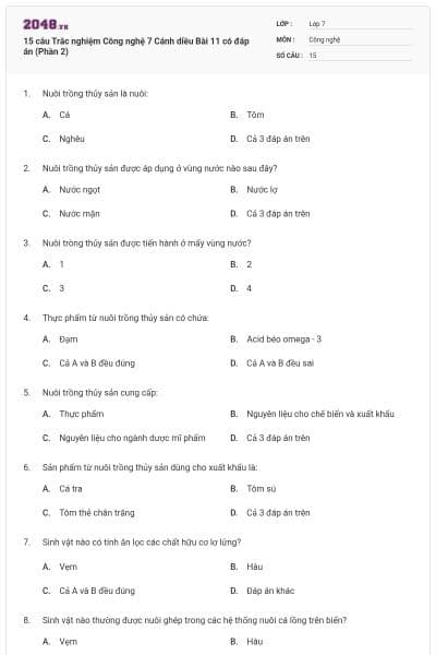 15 câu Trắc nghiệm Công nghệ 7 Cánh diều Bài 11 có đáp án (Phần 2)