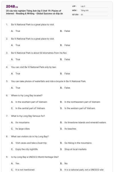 20 câu trắc nghiệm Tiếng Anh lớp 5 Unit 19: Places of interest - Reading & Writing - Global Success có đáp án