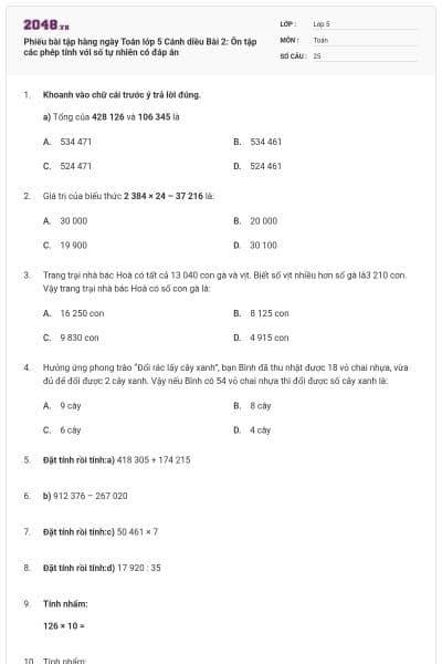 Phiếu bài tập hàng ngày Toán lớp 5 Cánh diều Bài 2: Ôn tập các phép tính với số tự nhiên có đáp án