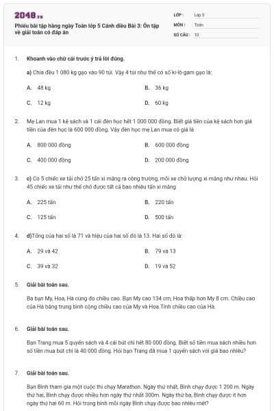 Phiếu bài tập hàng ngày Toán lớp 5 Cánh diều Bài 3: Ôn tập về giải toán có đáp án