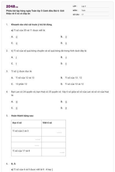 Phiếu bài tập hàng ngày Toán lớp 5 Cánh diều Bài 6: Giới thiệu về tỉ số có đáp án