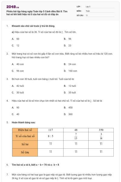 Phiếu bài tập hàng ngày Toán lớp 5 Cánh diều Bài 8: Tìm hai số khi biết hiệu và tỉ của hai số đó có đáp án
