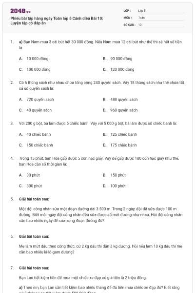 Phiếu bài tập hàng ngày Toán lớp 5 Cánh diều Bài 10: Luyện tập có đáp án
