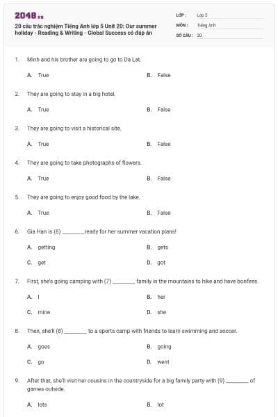 20 câu trắc nghiệm Tiếng Anh lớp 5 Unit 20: Our summer holiday - Reading & Writing - Global Success có đáp án
