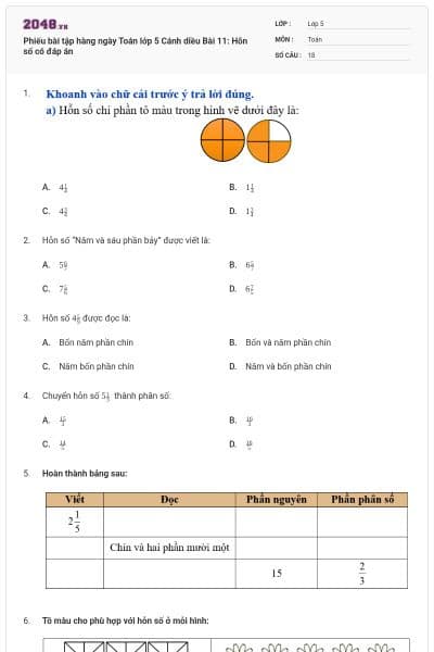 Phiếu bài tập hàng ngày Toán lớp 5 Cánh diều Bài 11: Hỗn số có đáp án