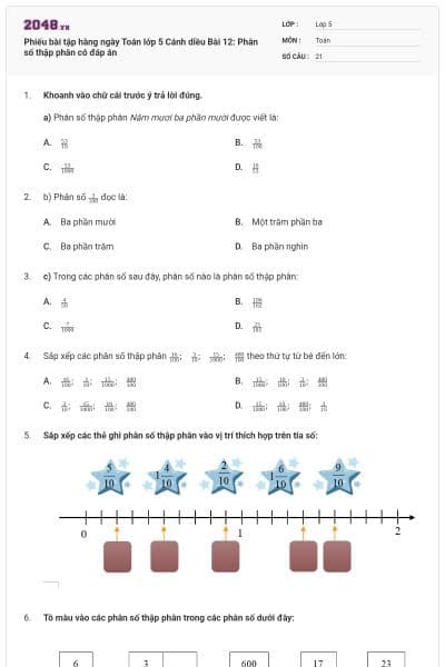 Phiếu bài tập hàng ngày Toán lớp 5 Cánh diều Bài 12: Phân số thập phân có đáp án
