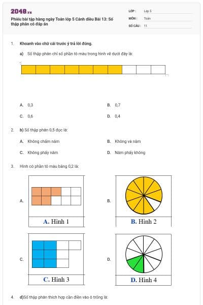 Phiếu bài tập hàng ngày Toán lớp 5 Cánh diều Bài 13: Số thập phân có đáp án