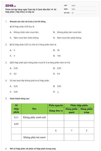 Phiếu bài tập hàng ngày Toán lớp 5 Cánh diều Bài 14: Số thập phân ( tiếp theo) có đáp án