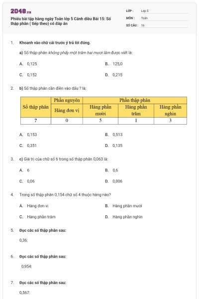 Phiếu bài tập hàng ngày Toán lớp 5 Cánh diều Bài 15: Số thập phân ( tiếp theo) có đáp án