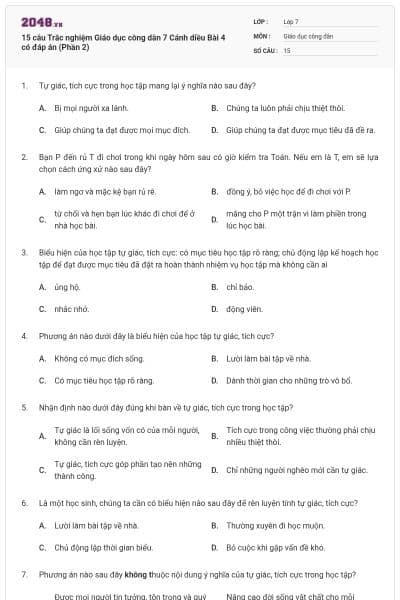 15 câu Trắc nghiệm Giáo dục công dân 7 Cánh diều Bài 4 có đáp án (Phần 2)
