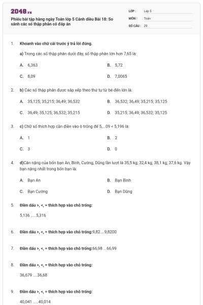 Phiếu bài tập hàng ngày Toán lớp 5 Cánh diều Bài 18: So sánh các số thập phân có đáp án