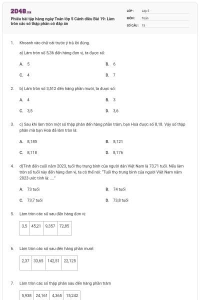 Phiếu bài tập hàng ngày Toán lớp 5 Cánh diều Bài 19: Làm tròn các số thập phân có đáp án