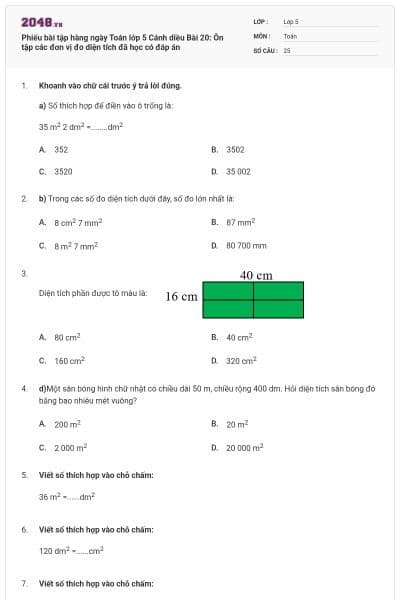 Phiếu bài tập hàng ngày Toán lớp 5 Cánh diều Bài 20: Ôn tập các đơn vị đo diện tích đã học có đáp án