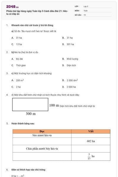 Phiếu bài tập hàng ngày Toán lớp 5 Cánh diều Bài 21: Héc-ta có đáp án