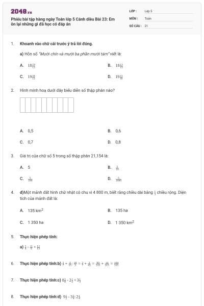 Phiếu bài tập hàng ngày Toán lớp 5 Cánh diều Bài 23: Em ôn lại những gì đã học có đáp án