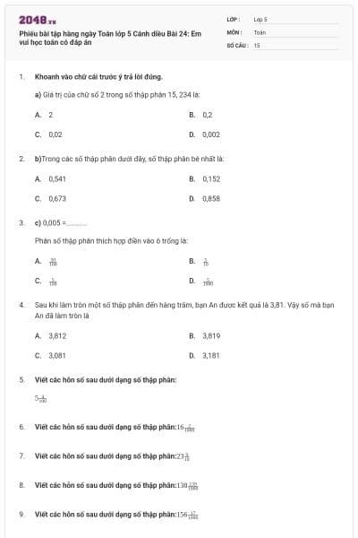 Phiếu bài tập hàng ngày Toán lớp 5 Cánh diều Bài 24: Em vui học toán có đáp án