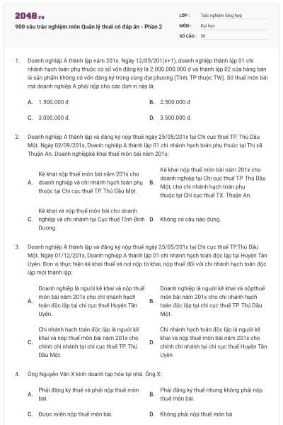 900 câu trắc nghiệm môn Quản lý thuế có đáp án - Phần 2