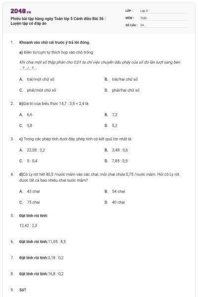 Phiếu bài tập hàng ngày Toán lớp 5 Cánh diều Bài 36 : Luyện tập có đáp án