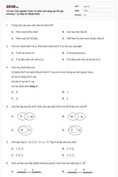 10 câu Trắc nghiệm Toán 10 chân trời sáng tạo Ôn tập chương 1 có đáp án (Nhận biết)