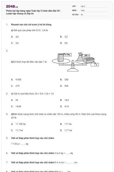 Phiếu bài tập hàng ngày Toán lớp 5 Cánh diều Bài 39 : Luyện tập chung có đáp án