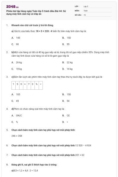 Phiếu bài tập hàng ngày Toán lớp 5 Cánh diều Bài 44: Sử dụng máy tính cầm tay có đáp án