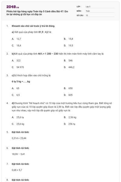 Phiếu bài tập hàng ngày Toán lớp 5 Cánh diều Bài 47: Em ôn lại những gì đã học có đáp án