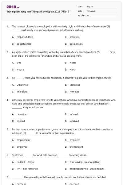 Trắc nghiệm tổng hợp Tiếng anh có đáp án 2023 (Phần 71)