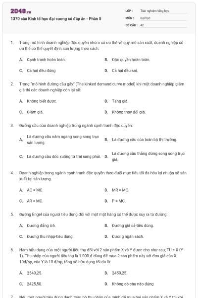 1370 câu Kinh tế học đại cương có đáp án - Phần 5