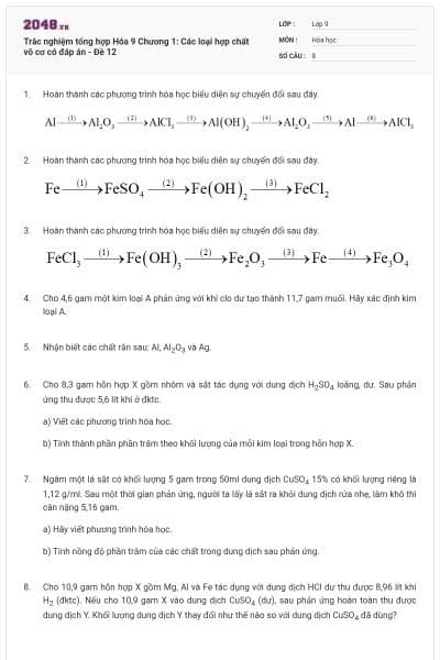 Trắc nghiệm tổng hợp Hóa 9 Chương 1: Các loại hợp chất vô cơ có đáp án - Đề 12