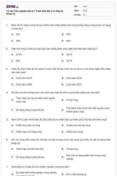 15 câu Trắc nghiệm Địa lý 7 Cánh diều Bài 3 có đáp án (Phần 2)