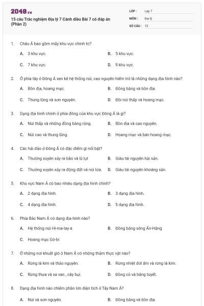 15 câu Trắc nghiệm Địa lý 7 Cánh diều Bài 7 có đáp án (Phần 2)